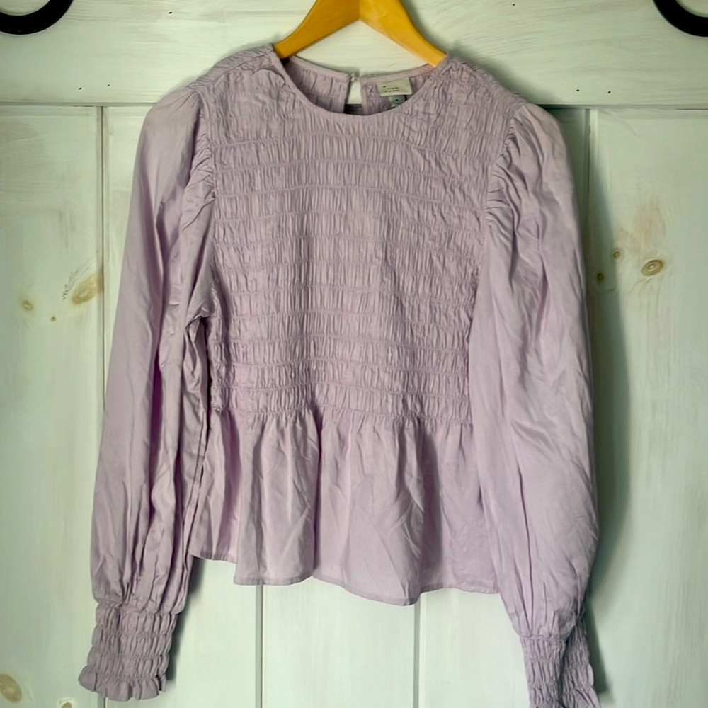 Lilac long sleeved ruffle puff sleeve shirred blouse size M